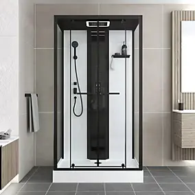 Cabine de douche l.115 x L.90 x H.215 cm – hammam, hydromassante connectée, siège, noir & blanc, Galedo Relax Hammam