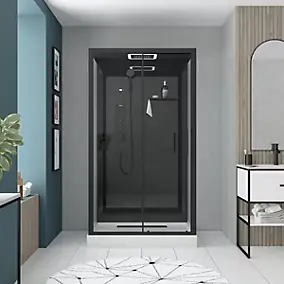 Cabine de douche l.115 x L.90 x H.220 cm – hydromassante connectée, Bluetooth, noir & blanc, plafond lumineux, Galedo Aura