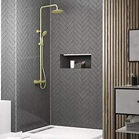 Colonne de douche thermostatique avec pommeau + douchette 2 jets + flexible + barre réglable, doré brossé, Galedo Arty