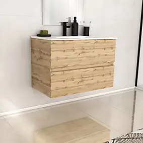 Ensemble sous vasque à poser effet chêne industriel 2 tiroirs + vasque blanche, l.80 cm, Galedo Timber