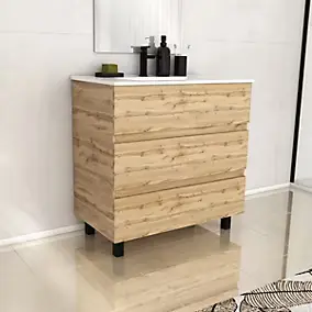 Ensemble sous vasque à poser effet chêne industriel 3 tiroirs + vasque blanche, l.80 cm, Galedo Timber