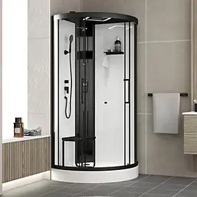Cabine de douche 1/4 de cercle l.95 x L.95 x H.218 cm – hydromassante connectée, Bluetooth, siège, noir & blanc, Galedo Relax Hammam