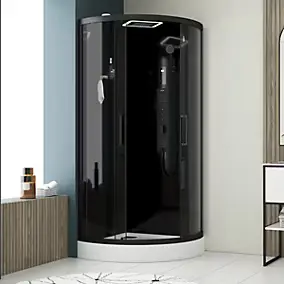Cabine de douche 1/4 de cercle l.95 x L.95 x H.215 cm – hydromassante connectée, Bluetooth, noir & blanc, Galedo Round Aura
