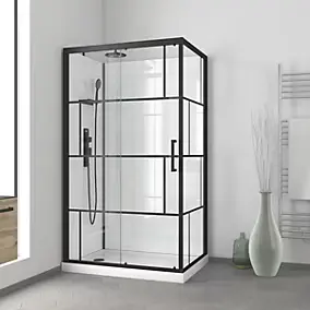 Cabine de douche l.80 x L.110 x H.210 cm – mitigeur mécanique, blanc et noir effet verrière, Galedo Graphic
