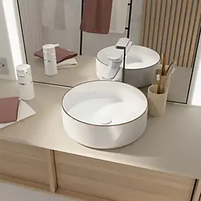 Vasque à poser ronde en céramique blanche avec liseré doré rosé Ø35,5 x H.12 cm, Galedo