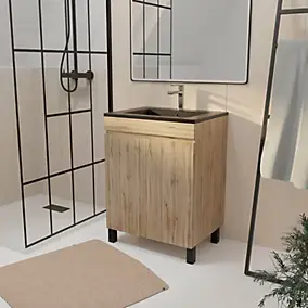 Ensemble sous vasque à poser effet chêne naturel 2 portes + vasque noire, l.60 cm, Galedo Timber
