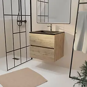 Ensemble sous vasque suspendu effet chêne naturel 2 tiroirs + vasque noire, l.60 cm, Galedo Timber