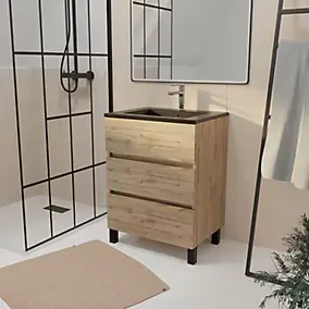 Ensemble sous vasque à poser effet chêne naturel 3 tiroirs + vasque noire, l.60 cm, Galedo Timber