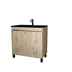 Ensemble sous vasque à poser effet chêne naturel 2 portes + vasque noire, l.80 cm, Galedo Timber