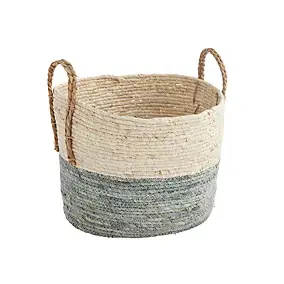 Panier rond bicolore bleu et camel en paille de maïs