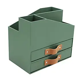 Combo de rangement multifonction en carton vert 2 tiroirs, range revues, pot à crayon