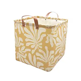 Boîte de rangement carrée en polycoton avec cadre Mixxit motif feuilles jaune et blanc