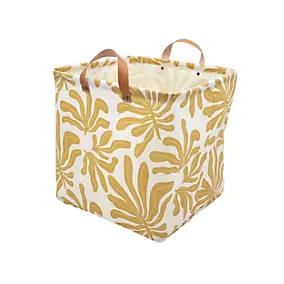 Boîte de rangement carrée en polycoton avec cadre Mixxit motif feuilles blanc et jaune