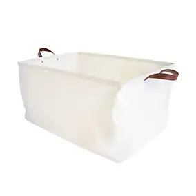 Panier à linge blanc avec anses effet cuir marron l.60 x H.30 x P.40 cm, Box & Beyond