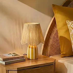 Lampe à poser en céramique rayée blanc, jaune et fibres tressées H.30 cm E27 40 W Jumell Quoki