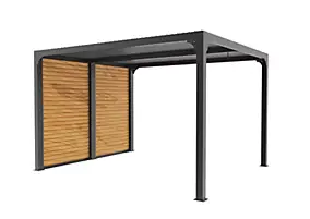Pergola bioclimatique autoportante aluminium gris + ventelles latérales imitation bois 3,6 m x 3 m 10,80 m2