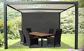 Pergola bioclimatique autoportante Habrita aluminium 3,6 x 3 m gris anthracite + rideau manuel 3,6 m