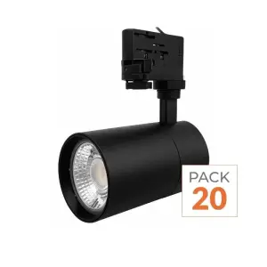 Spot LED sur Rail 30W 80° Compact Triphasé NOIR - Pack de 20 - Blanc Chaud 2300K - 3500K