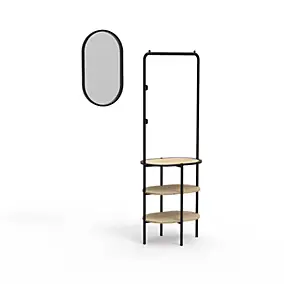 Meuble d'entrée en métal noir et bois 2 patères 3 étagères et miroir l. 100 cm Homesight Oslo