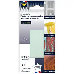 Feuille abrasive corindon 73 x 123 mm grain 120 anti-encrassement, lot de 5