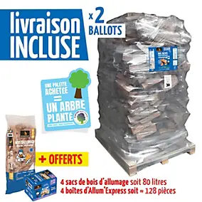 2 Packs bois de chauffage Woodstock – 2 palettes – bûches 30 cm + allumage + allume-feux – prêt à l’emploi <20 % – idéal poêle et cheminée – bois NF