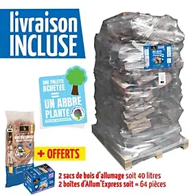 Pack bois de chauffage Woodstock – bûches 40 cm + bois d’allumage + allume-feux – prêt à l’emploi <20 % – idéal poêle et cheminée – bois certifié NF