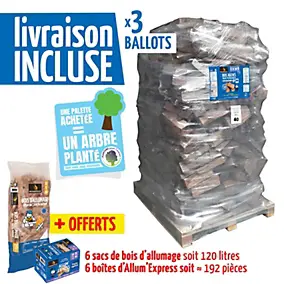 3 packs bois chauffage Woodstock – bûches 40cm + allume-feux – prêt à l’emploi <20% humidité – 3 palettes – idéal poêle/cheminée – Bois NF