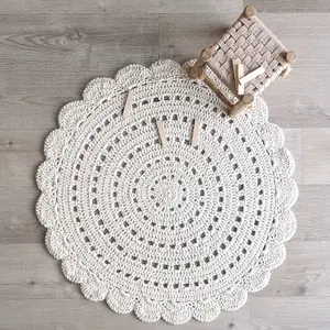 Tapis lavable rond Alma crochet écru lavable en machine (120 cm)