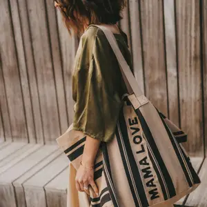 Sac cabas Kaba Mama Love à rayures beige et noir