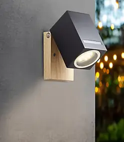 Applique extérieure murale LED orientable GU10 noir et aspect bois IP44 H.10 cm Brilliant Galeni