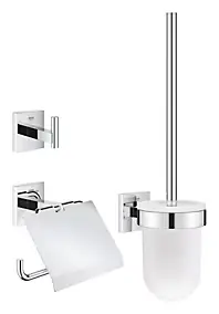 3 Accessoires WC muraux avec brosse et pot, dérouleur papier toilette et patère, acier chromé et verre dépoli, Grohe Quickfix