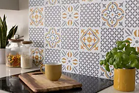 6 dalles adhésive murales Wall Tiles D-C-Fix Jamila effet carreaux de ciment jaune, gris, blanc L.15 x l.15cm