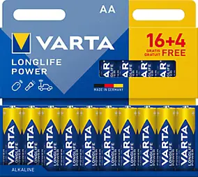 Pile alcaline AA LR6 Varta Longlife Power, lot de 20