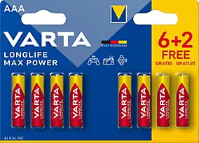 Pile alcaline AAA (LR03) Varta Max Tech, lot de 6 + 2 gratuites