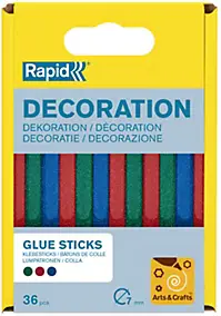 Bâton de colle pailletée pour décoration Ø7mm x 94mm, lot de 36 x 3 couleurs (rouge, bleu, vert)