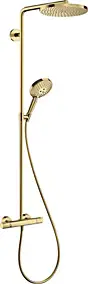 Colonne de douche thermostatique avec pommeau + douchette 1 jet + flexible + barre réglable, doré, Hansgrohe Raindance Select S 240 PowderRain