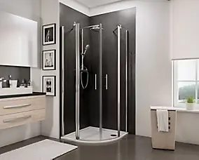 Accès d'angle arrondi avec porte de douche battantes, 80 x 80 cm, Schulte, NewStyle, verre transparent anticalcaire