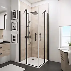 Accès d'angle droit avec porte de douche battantes, 80 x 80 cm, Schulte, NewStyle, verre transparent anticalcaire, profilés noirs