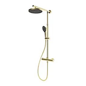 Colonne de douche thermostatique avec pommeau + douchette + flexible + barre réglable, coloris doré, Schulte Rain