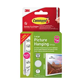 Languettes adhésives accroche-tableaux grandes 3M Command™ max 7kg - 4 paires + 2 paires gratuites