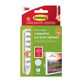 Languette adhésive accroche tableau 3M Command blanc XL , 4 paires