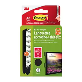 Languette adhésive accroche tableau 3M Command noir XL - 4 paires