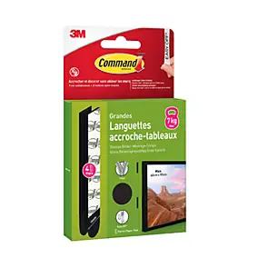 Languette adhésive accroche-tableaux grandes 3M Command max 7kg - 4 paires noir