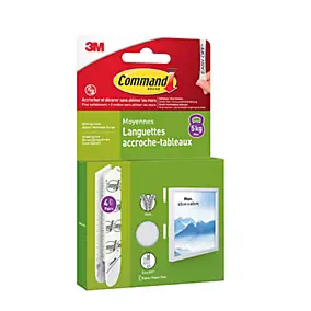 Languettes adhésives accroche-tableaux moyennes 3M Command™ max 5kg - 4 paires