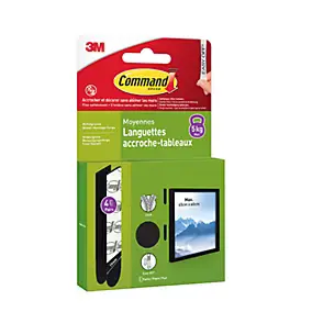 Languette adhésive accroche-tableaux moyennes 3M Command max 5kg - 4 paires noir