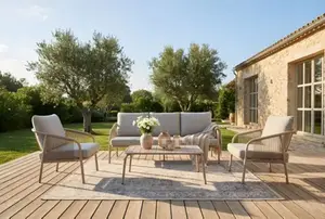 Salon de jardin 5 places structure acier imitation bois coussins beige