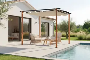 Pergola 300 x 300 cm toile coulissante beige structure aluminium effet bois