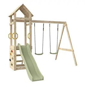 Aire de jeux en bois avec mur d’escalade, toboggan et 2 balançoires Plaqueminier TP Toys