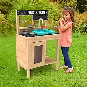 Cuisine TP Toys avec évier en bois coloris marron, bleu et noir