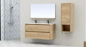 Colonne salle de bain effet bois 1 porte avec niche ouverte et porte-serviettes H. 120 cm